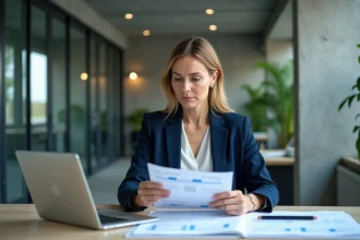 Femme cadre analysant des documents bancaires CDC Banque des territoires dans un bureau moderne