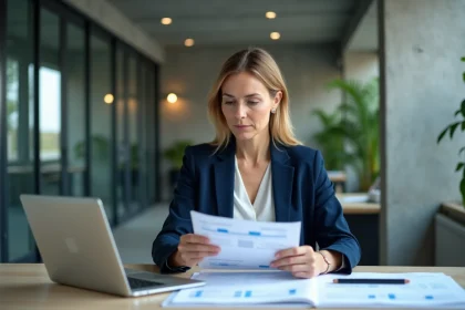 Femme cadre analysant des documents bancaires CDC Banque des territoires dans un bureau moderne