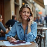 Femme au café parlant au smartphone en voyage