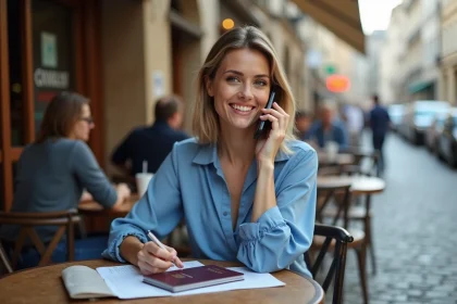 Femme au café parlant au smartphone en voyage