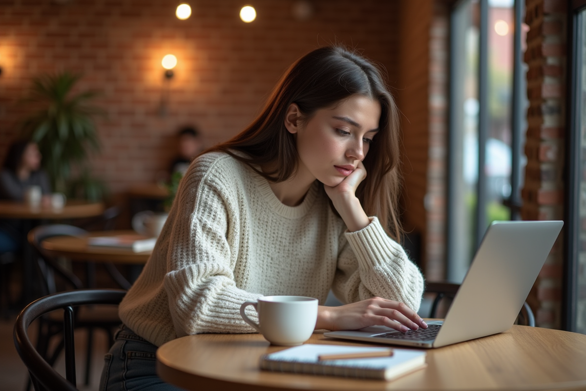 Jeune femme travaillant dans un café chaleureux