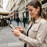 Femme consultant une carte interactive de distributeurs de billets sur son smartphone dans une rue commerçante