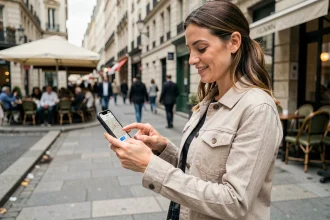 Femme consultant une carte interactive de distributeurs de billets sur son smartphone dans une rue commerçante