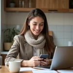 Jeune femme française souriante avec ordinateur dans cuisine
