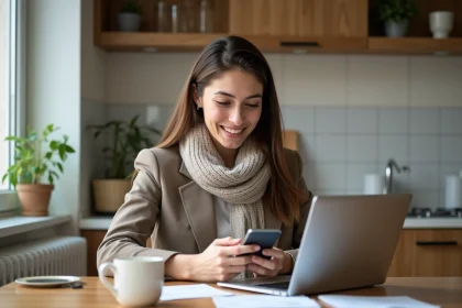 Jeune femme française souriante avec ordinateur dans cuisine