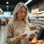 Femme examinant un chèque différé Leclerc à la caisse d'un supermarché en 2026