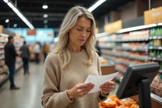 Femme examinant un chèque différé Leclerc à la caisse d'un supermarché en 2026