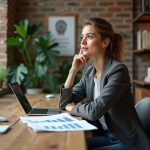 Femme réfléchie dans un espace de coworking moderne