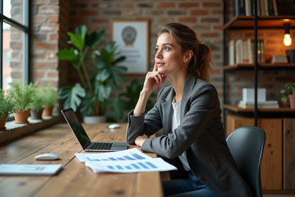 Femme réfléchie dans un espace de coworking moderne