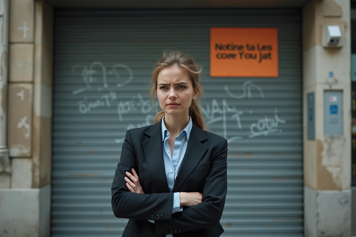 Jeune femme frustrée devant une boutique fermée en ville