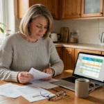 Femme de 40 ans comparant des offres de mutuelle santé sur son ordinateur portable et des documents papier dans sa cuisine