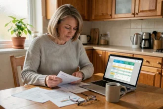 Femme de 40 ans comparant des offres de mutuelle santé sur son ordinateur portable et des documents papier dans sa cuisine