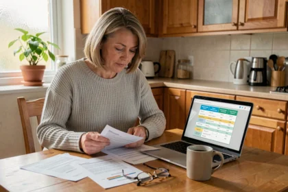 Femme de 40 ans comparant des offres de mutuelle santé sur son ordinateur portable et des documents papier dans sa cuisine