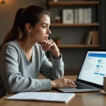 Femme comparant les coûts d'un virement PayPal sur son ordinateur portable dans un bureau à domicile