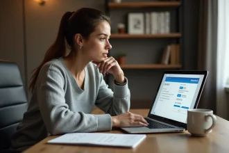Femme comparant les coûts d'un virement PayPal sur son ordinateur portable dans un bureau à domicile