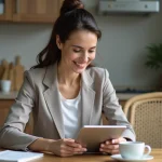 Femme en train de configurer une application financière sur tablette