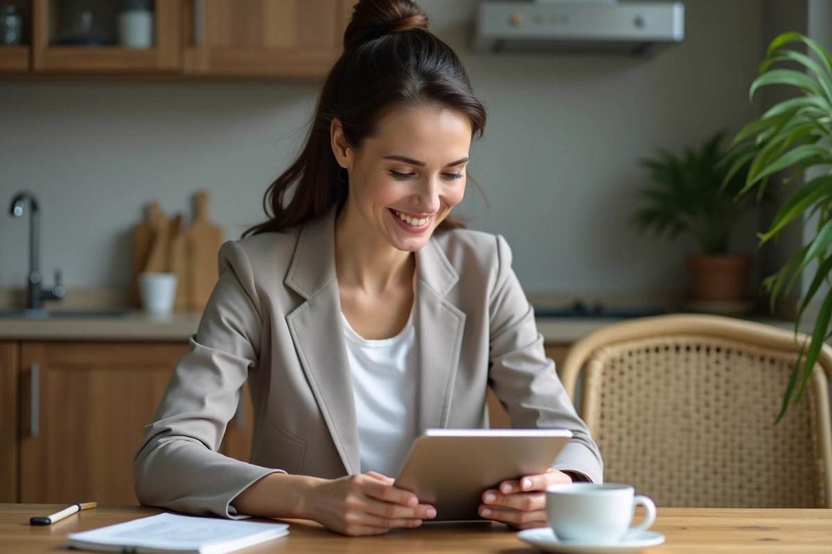 Femme en train de configurer une application financière sur tablette