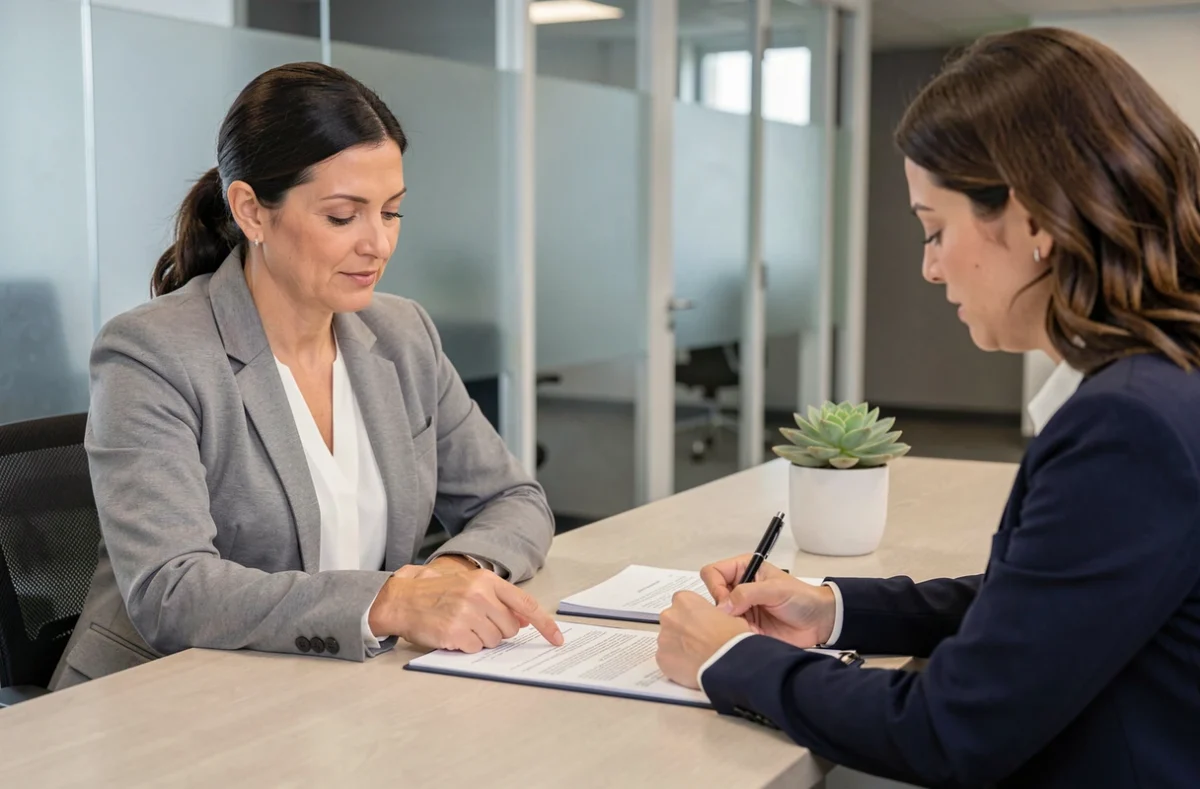 Femme discutant du formulaire de dégrèvement de taxe foncière avec un conseiller fiscal professionnel