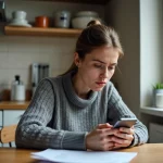 Femme perplexe consultant son application bancaire en attendant un virement CAF sur son compte