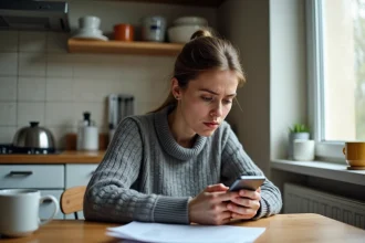 Femme perplexe consultant son application bancaire en attendant un virement CAF sur son compte