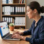Femme consultant son espace particulier sur le site impots.gouv.fr depuis un bureau à domicile