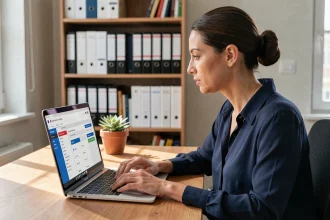 Femme consultant son espace particulier sur le site impots.gouv.fr depuis un bureau à domicile