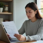 Femme consultant sa facture Free et son espace abonné sur un ordinateur portable à son bureau à domicile
