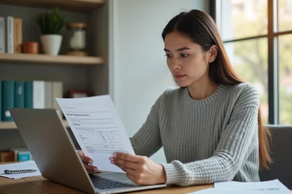 Femme consultant sa facture Free et son espace abonné sur un ordinateur portable à son bureau à domicile