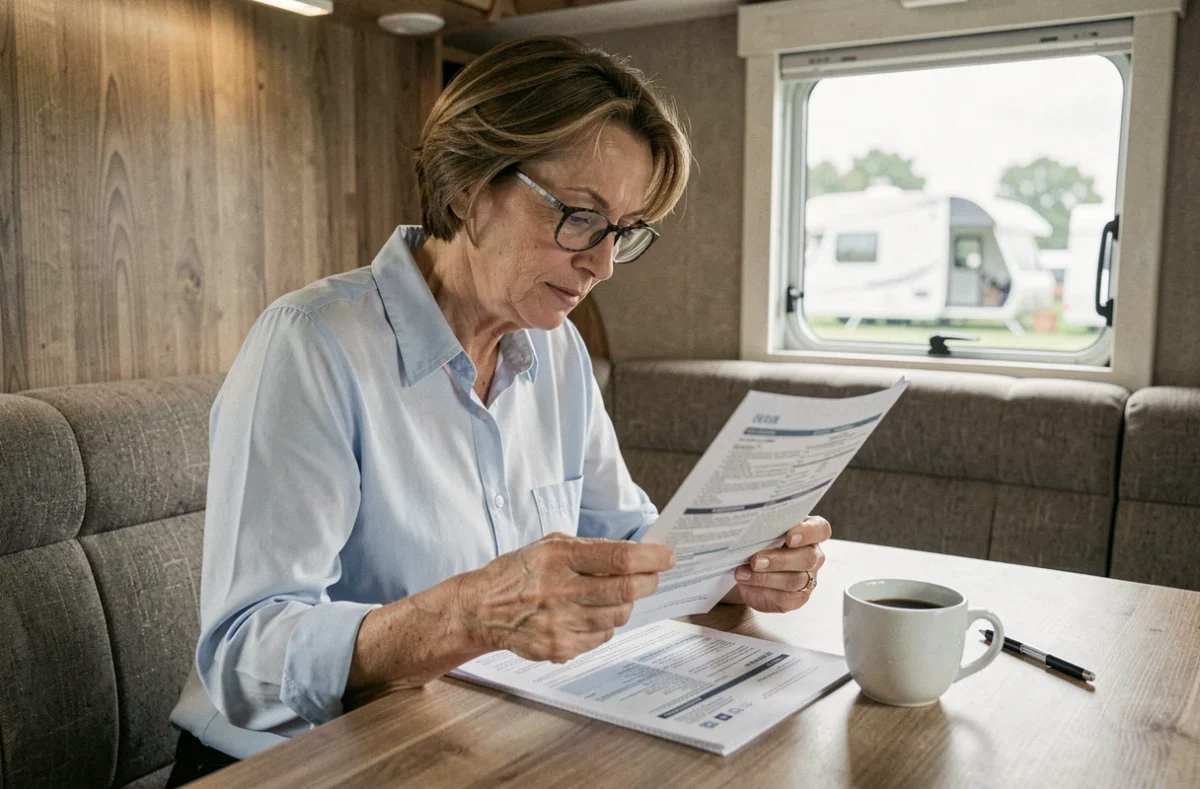 Femme lisant attentivement un contrat d'assurance Icare à l'intérieur d'un camping-car