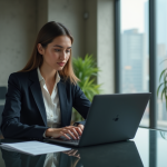 Femme professionnelle analysant des graphiques de cryptomonnaie dans un bureau moderne