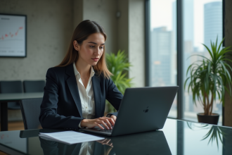 Femme professionnelle analysant des graphiques de cryptomonnaie dans un bureau moderne