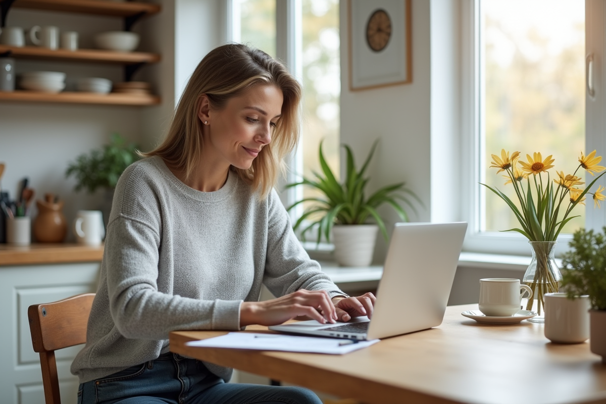 Femme en cuisine utilisant un ordinateur portable