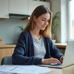 Femme organisée dans sa cuisine avec ordinateur et papiers