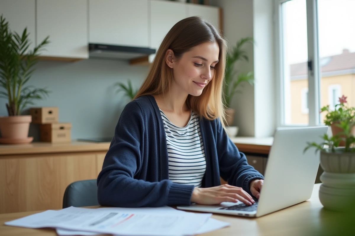 Femme organisée dans sa cuisine avec ordinateur et papiers