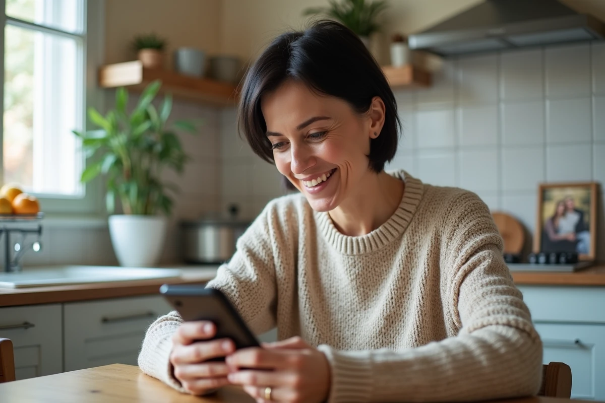 Femme en cuisine tapant un code sur son smartphone