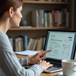 Femme remplissant sa déclaration d'impôts en ligne sur un ordinateur portable, case 7DB visible sur l'écran
