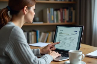 Femme remplissant sa déclaration d'impôts en ligne sur un ordinateur portable, case 7DB visible sur l'écran