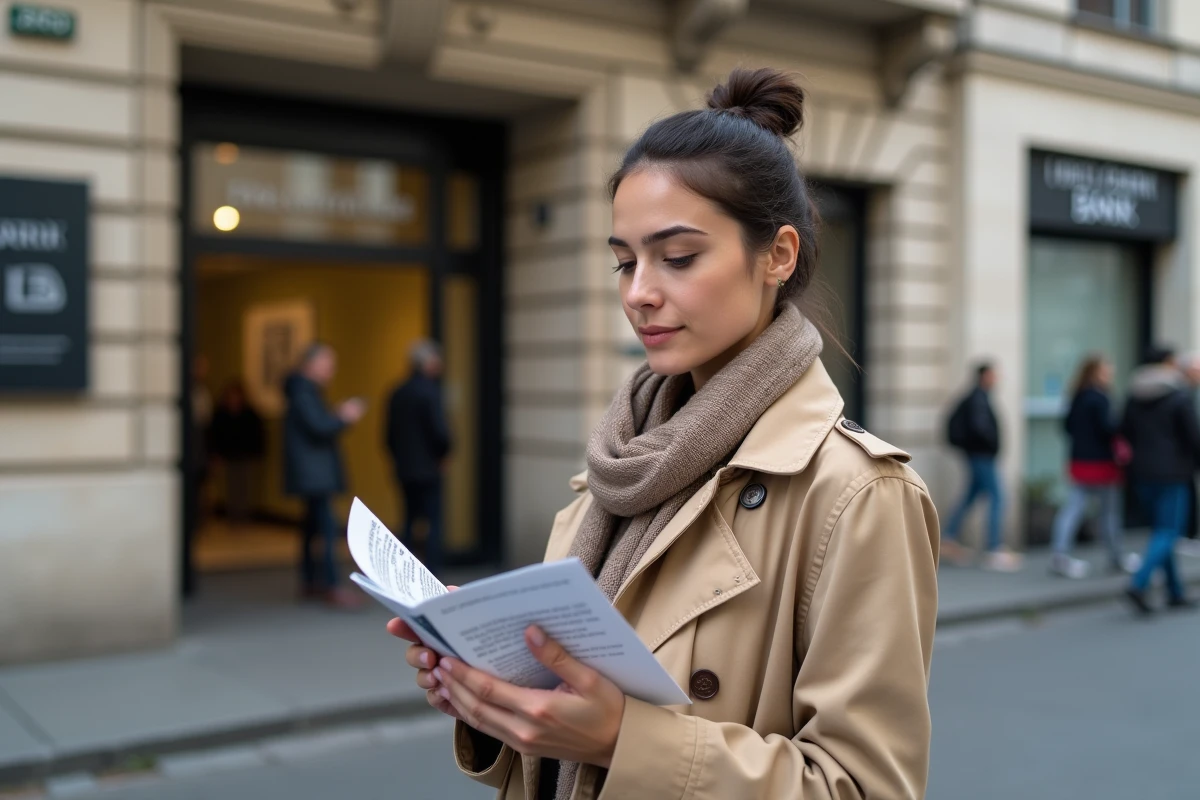 Jeune femme regardant son smartphone devant une banque en ville
