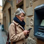 Femme devant un distributeur automatique hors service dans une rue de village français