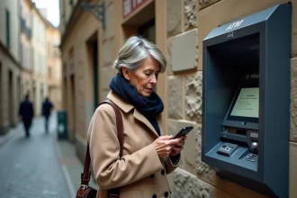 Femme devant un distributeur automatique hors service dans une rue de village français