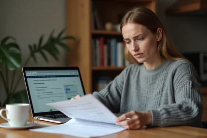 Femme consultant des documents administratifs sur le cumul ARE et RSA après une rupture conventionnelle