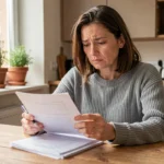 Femme consultant des documents de prêt à la consommation à sa table de cuisine pour changer d'assurance