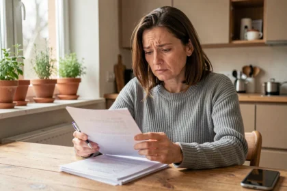 Femme consultant des documents de prêt à la consommation à sa table de cuisine pour changer d'assurance