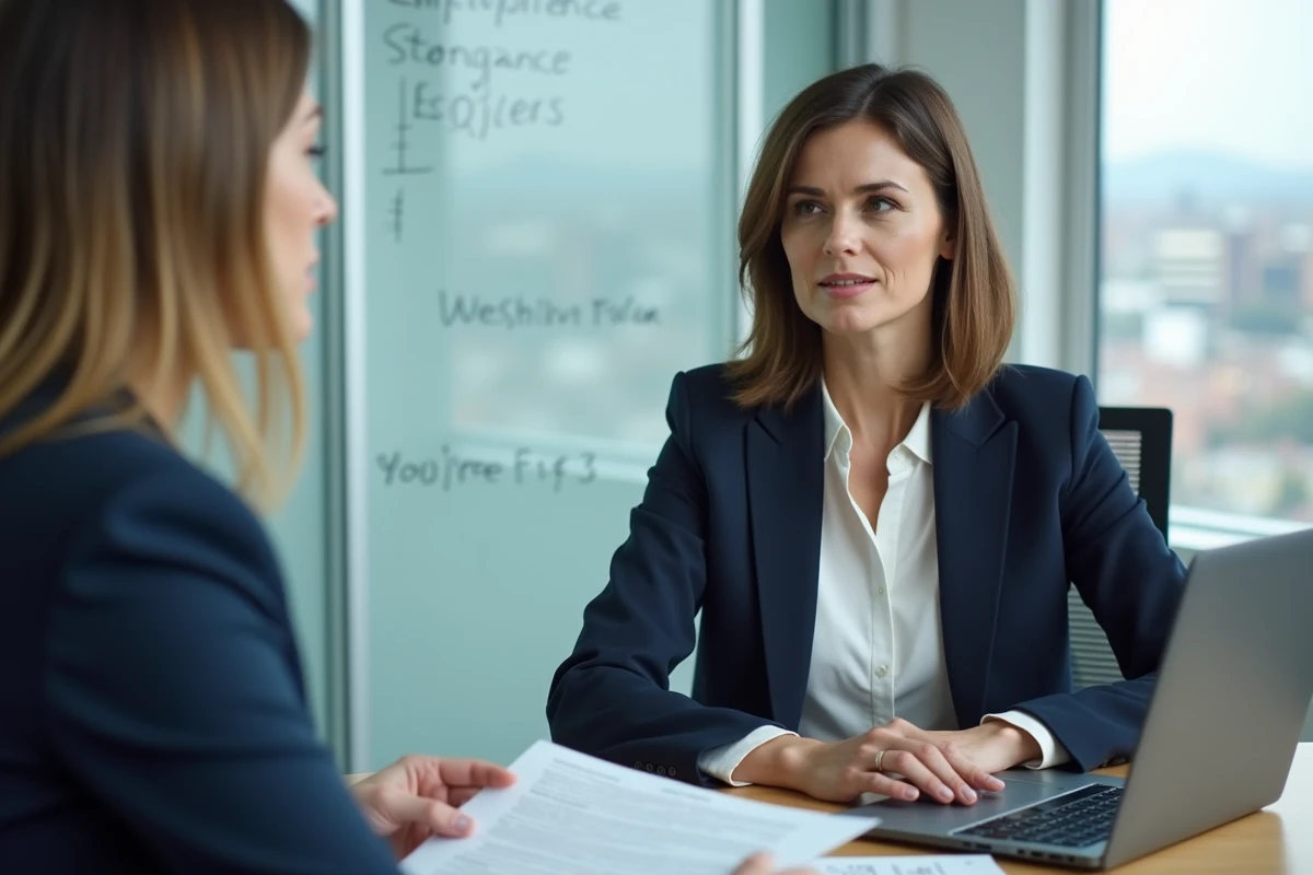 Femme en entretien avec un responsable RH discutant de la durée d'un contrat de travail et des droits au chômage dans une salle de réunion