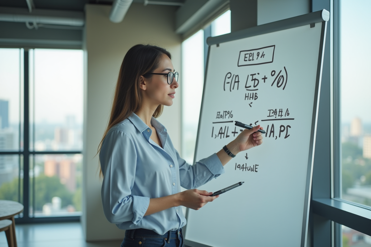 Jeune femme expliquant la formule EBIT avec un tableau blanc