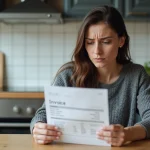 Femme consultant sa facture Free Mobile erronée sur son ordinateur portable dans une cuisine moderne