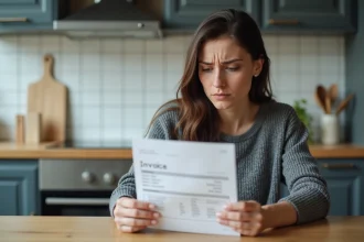 Femme consultant sa facture Free Mobile erronée sur son ordinateur portable dans une cuisine moderne