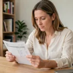 Femme consultant sa fiche de paie à son bureau pour comprendre le salaire net après impôt sur le revenu