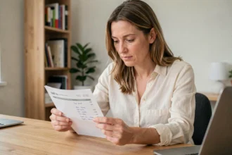 Femme consultant sa fiche de paie à son bureau pour comprendre le salaire net après impôt sur le revenu