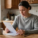 Femme consultant sa fiche de paie à la table de cuisine pour vérifier son taux horaire au Smic en 2026